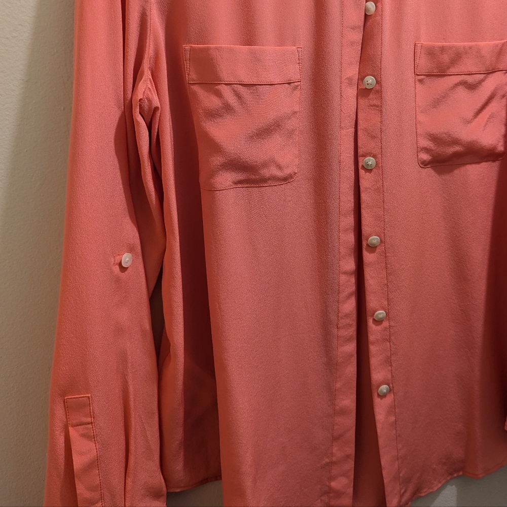 Anne Klein Peach Long Sleeve Roll Tab Pockets Button-Down Silk Collar Shirt- L - Picture 8 of 12